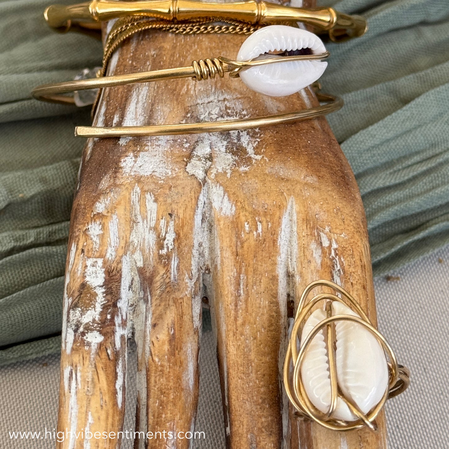 Wire Wrapped Cowrie Shell Ring (Brass)