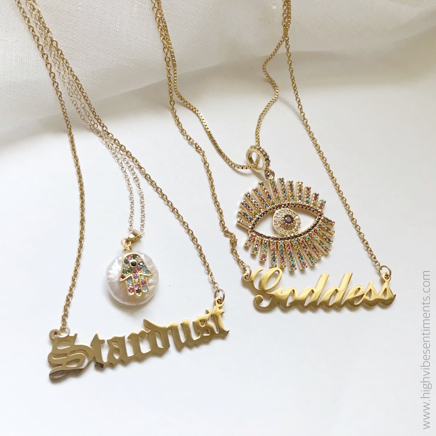 High Vibe Sentiments Nameplate and protection Necklaces