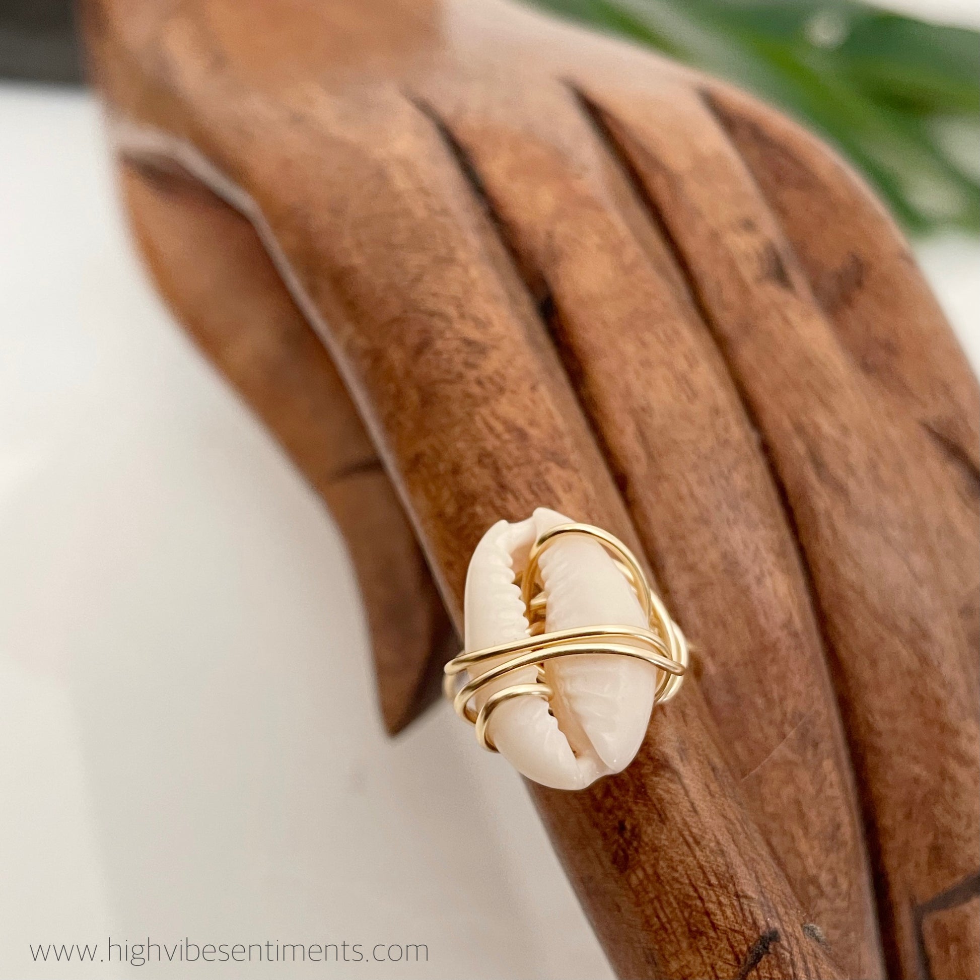 High Vibe Sentiments Wire Wrapped Cowrie Shell Ring 