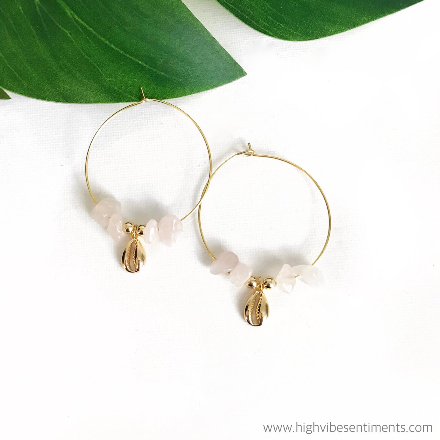 Rose Quartz + Cowrie Hoops