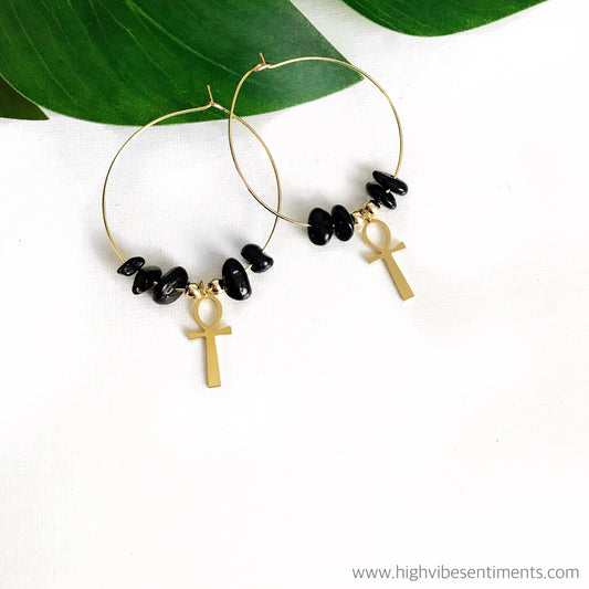 Black Tourmaline + Ankh Hoops